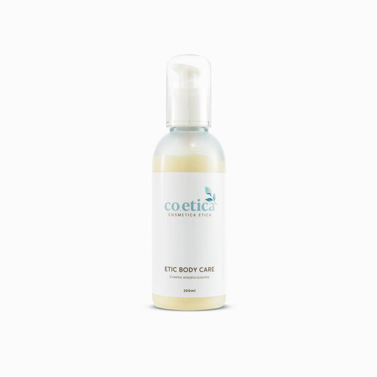 Crema corpo Etic Body Care di Co.etica, con olio di mandorle dolci e germe di grano. Ideale per idratare, elasticizzare e prevenire smagliature su pelli secche, miste e sensibili.
