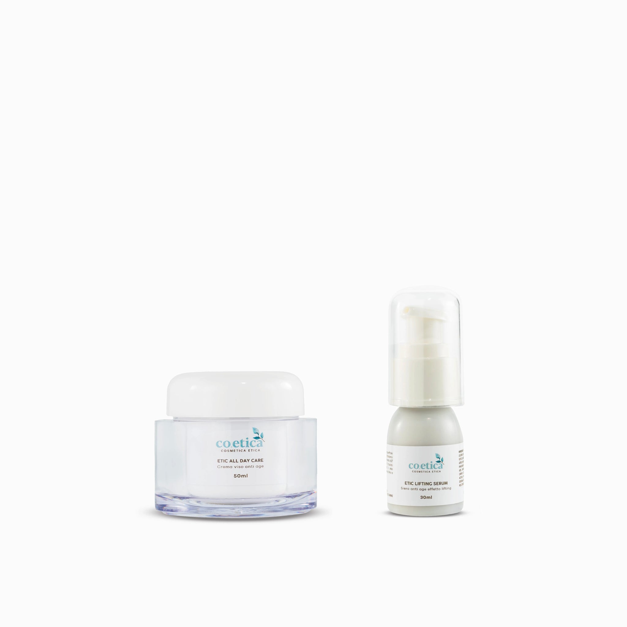 Kit Anti-Age di Co.etica composto da Etic All Day Care e Etic Lifting Serum, perfetto per un trattamento anti-età completo con idratazione e effetto lifting.