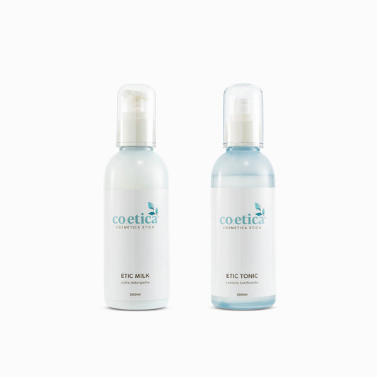 Kit per la pulizia del viso con Etic Milk e Etic Tonic, ideale per tutti i tipi di pelle.