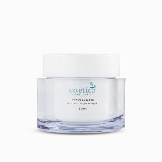 Maschera viso Etic Clay Mask di Co.etica, con argilla, alghe marine e malachite. Purifica, restringe i pori e uniforma il tono della pelle grassa, mista e impura.